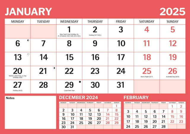 Red & Black Large Boldtype Landscape A4 Calendar 2025-9781529844597