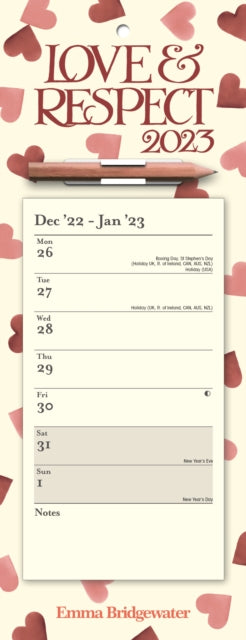 Emma Bridgewater Pink Hearts Week-to-View Magnetic Memo Slim Calendar 2023-9781529823820