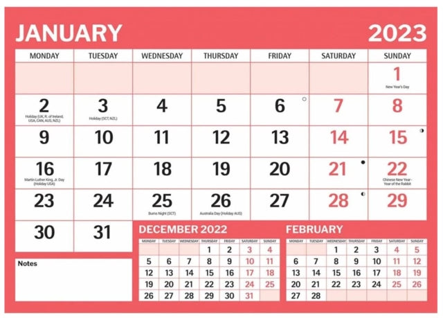 Red & Black Large Boldtype A4 Calendar 2023-9781529825589