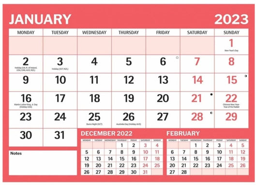 Red & Black Large Boldtype A4 Calendar 2023-9781529825589