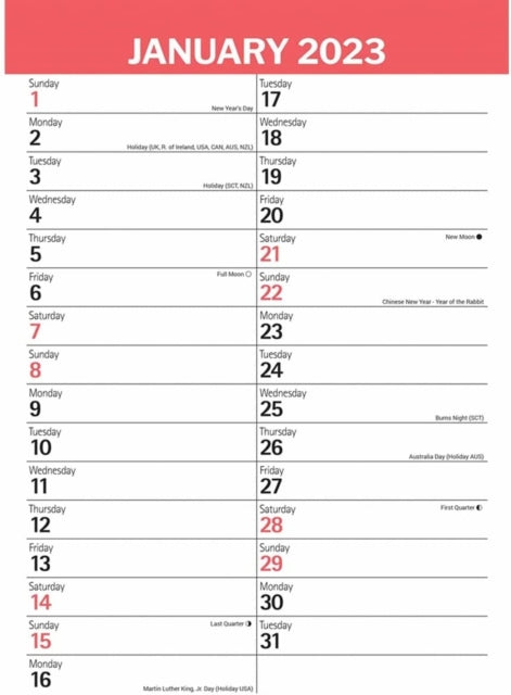 Red & Black Large Engagement A3 Calendar 2023-9781529825596