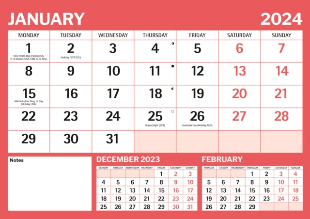 Red & Black Large Boldtype Landscape A4 Calendar 2024-9781529837254