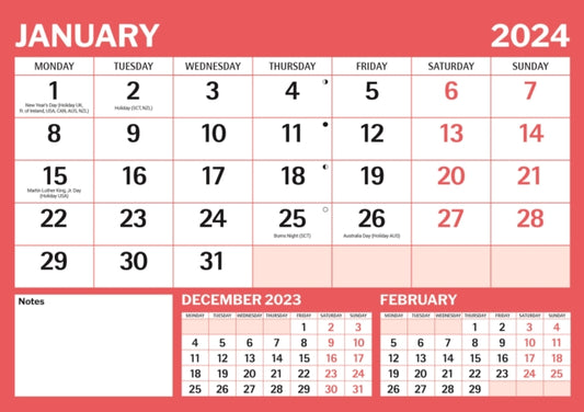 Red & Black Large Boldtype Landscape A4 Calendar 2024-9781529837254