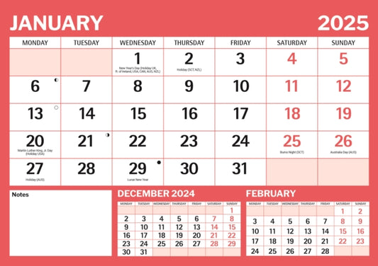 Red & Black Large Boldtype Landscape A4 Calendar 2025-9781529844597