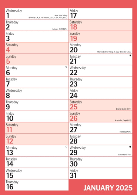 Red & Black Monthly Engagement Portrait A4 Calendar 2025-9781529844603